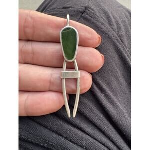 VTG Modernist Sterling&Jade Roach Clip Pendant Studio Jewelry
